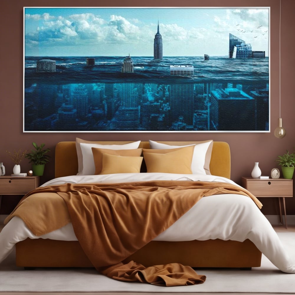 Tablou canvas cu ilustratie digitala cu oras scufundat in ocean, in rama de aluminiu argintiu, pe perete intr-un dormitor